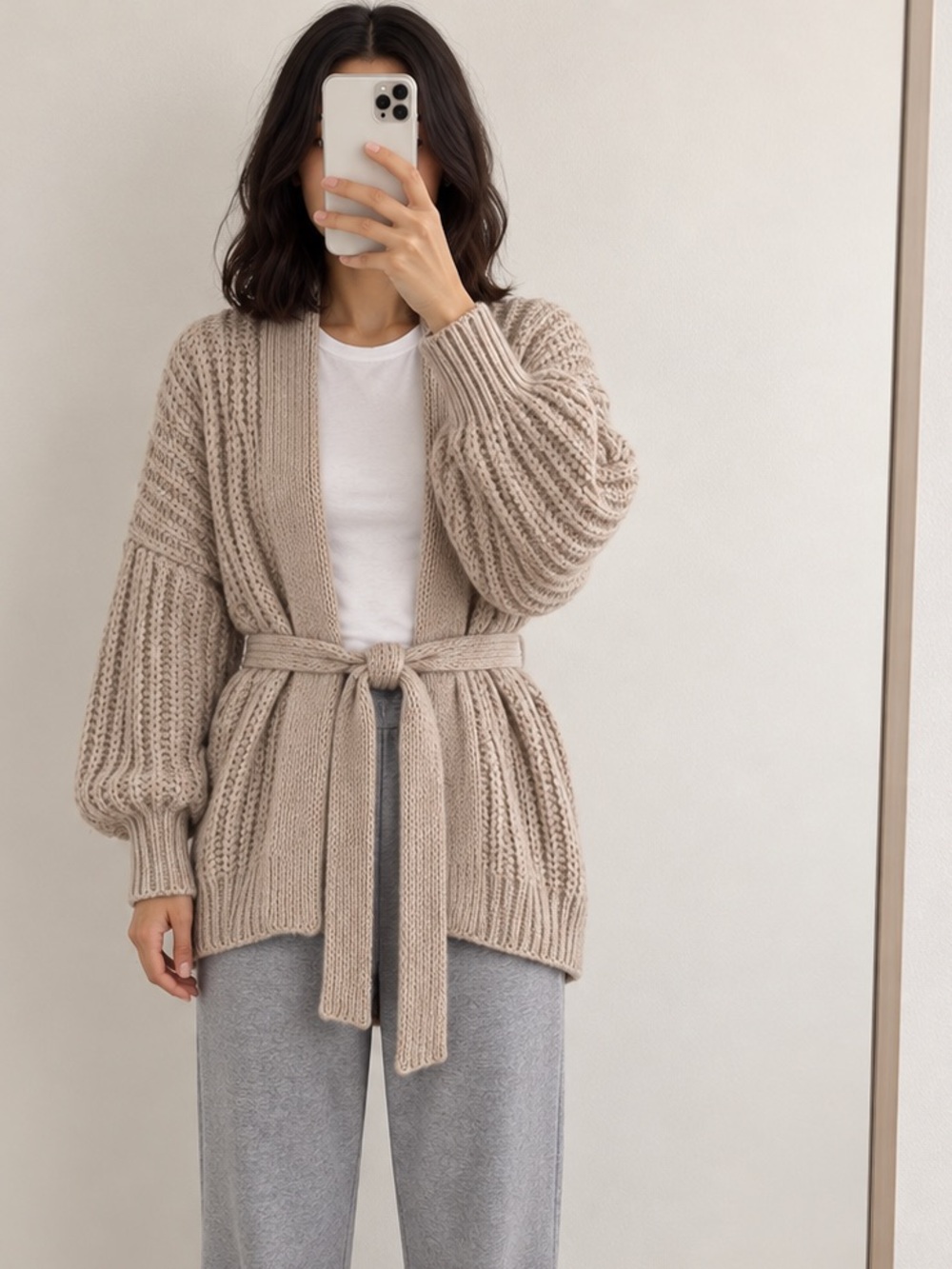 H&M Beige Belted Chunky Knit Cardigan
